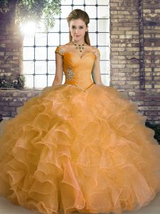 Excellent Off The Shoulder Sleeveless Sweet 16 Dresses Floor Length Beading and Ruffles Orange Organza