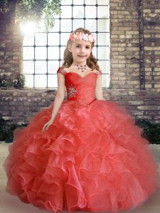 Red Sleeveless Floor Length Beading Lace Up Kids Pageant Dress