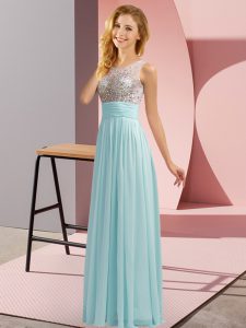 Sleeveless Floor Length Beading Side Zipper Damas Dress with Aqua Blue