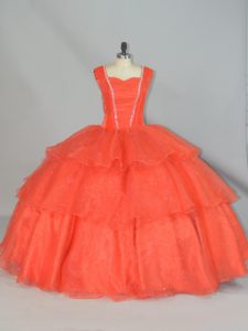 Admirable Orange Red Ball Gowns Straps Sleeveless Organza Floor Length Lace Up Beading and Ruffled Layers Quinceanera Gowns