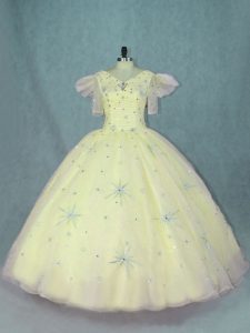 Custom Designed Short Sleeves Organza Floor Length Zipper Quince Ball Gowns in Yellow with Beading