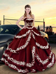 Sweetheart Sleeveless Satin Quinceanera Dress Embroidery and Ruffled Layers Lace Up