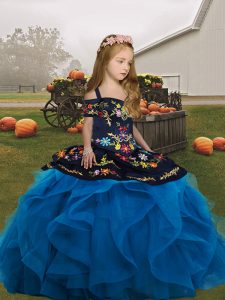 Straps Sleeveless Tulle Kids Pageant Dress Embroidery and Ruffles Lace Up