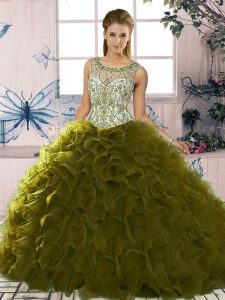 Sleeveless Organza Floor Length Lace Up Vestidos de Quinceanera in Olive Green with Beading and Ruffles