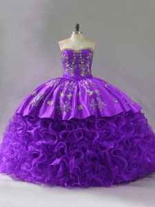 Pretty Purple Sweetheart Lace Up Embroidery and Ruffles Sweet 16 Quinceanera Dress Brush Train Sleeveless