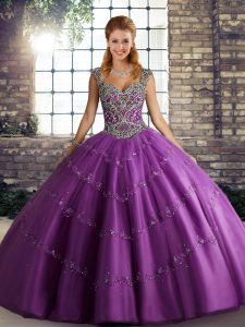 Purple Lace Up Straps Beading and Appliques Sweet 16 Quinceanera Dress Tulle Sleeveless