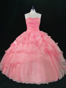 Watermelon Red Sleeveless Floor Length Beading and Ruffles Lace Up 15 Quinceanera Dress