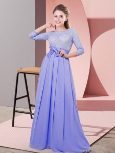 Fashion Lavender Empire Lace and Belt Vestidos de Damas Side Zipper Chiffon 3 4 Length Sleeve Floor Length