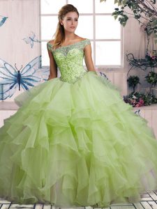 Pretty Yellow Green Sleeveless Organza Lace Up Quince Ball Gowns for Military Ball and Sweet 16 and Quinceanera