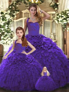 Floor Length Lace Up 15th Birthday Dress Purple for Military Ball and Sweet 16 and Quinceanera with Ruffles