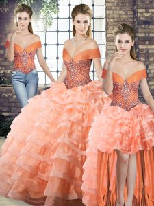 Stunning Peach Off The Shoulder Neckline Beading and Ruffled Layers Quinceanera Dress Sleeveless Lace Up