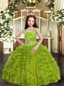 Fantastic Tulle Straps Sleeveless Lace Up Beading and Ruffles Little Girls Pageant Gowns in Olive Green