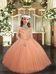 Top Selling Beading Girls Pageant Dresses Peach Lace Up Sleeveless Floor Length