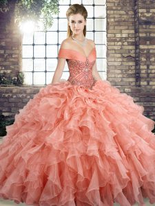 Peach Ball Gowns Organza Off The Shoulder Sleeveless Beading and Ruffles Lace Up Quinceanera Dresses Brush Train