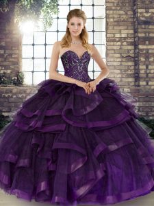 Lovely Purple Ball Gowns Tulle Sweetheart Sleeveless Beading and Ruffles Floor Length Lace Up Sweet 16 Dress