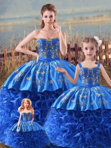 Glorious Royal Blue Ball Gowns Straps Sleeveless Satin and Fabric With Rolling Flowers Brush Train Zipper Embroidery and Ruffles Sweet 16 Quinceanera Dress