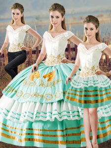 Cheap V-neck Sleeveless Satin Quinceanera Gown Embroidery and Ruffled Layers Lace Up