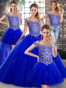 Royal Blue Sleeveless Tulle Lace Up Quince Ball Gowns for Military Ball and Sweet 16 and Quinceanera