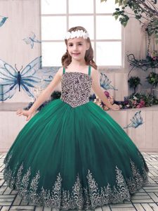 Sleeveless Tulle Floor Length Lace Up Kids Pageant Dress in Green with Beading and Embroidery