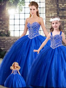 Wonderful Blue Tulle Lace Up Sweetheart Sleeveless Quinceanera Dresses Brush Train Beading