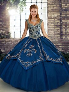 Adorable Blue Ball Gowns Tulle Straps Sleeveless Beading and Embroidery Floor Length Lace Up Sweet 16 Dress