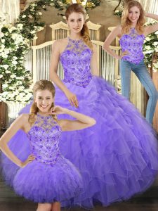 Lavender Three Pieces Halter Top Sleeveless Tulle Floor Length Lace Up Beading and Ruffles Quinceanera Dress