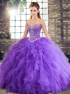 Lavender Sweetheart Neckline Beading and Ruffles Ball Gown Prom Dress Sleeveless Lace Up