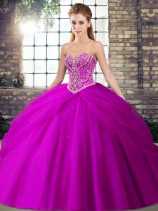 Fuchsia Sweetheart Neckline Beading and Pick Ups Sweet 16 Dresses Sleeveless Lace Up