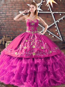 Floor Length Fuchsia Sweet 16 Quinceanera Dress Satin and Organza Sleeveless Embroidery