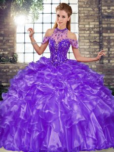 Customized Purple Ball Gowns Organza Halter Top Sleeveless Beading and Ruffles Floor Length Lace Up Quinceanera Gowns