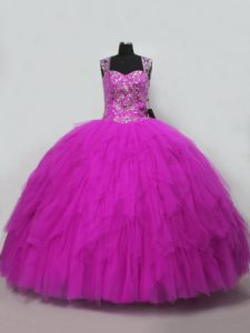 Fantastic Fuchsia Tulle Lace Up Vestidos de Quinceanera Sleeveless Floor Length Beading and Ruffles