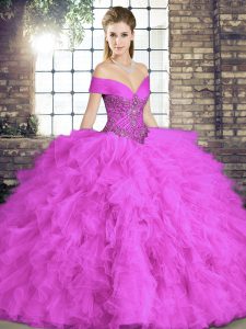 High End Off The Shoulder Sleeveless Tulle Sweet 16 Dress Beading and Ruffles Lace Up