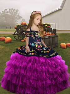 Lovely Fuchsia Organza Lace Up Straps Sleeveless Floor Length Little Girl Pageant Gowns Embroidery and Ruffled Layers