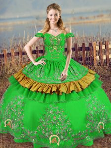 Lovely Green Ball Gowns Satin Off The Shoulder Sleeveless Embroidery Floor Length Lace Up Quinceanera Gowns