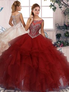 Scoop Sleeveless Quinceanera Gown Floor Length Beading and Ruffles Burgundy Organza