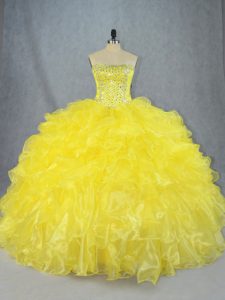 Glittering Sleeveless Asymmetrical Beading and Ruffles Lace Up Quince Ball Gowns with Yellow