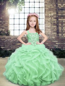 High Class Apple Green Little Girls Pageant Dress Party and Military Ball and Wedding Party with Beading and Ruffles Straps Sleeveless Lace Up