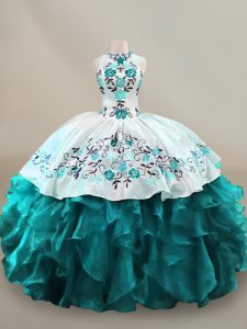 Halter Top Sleeveless Organza Quinceanera Dresses Embroidery and Ruffles Lace Up