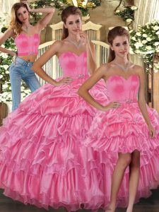 Chic Rose Pink Sleeveless Floor Length Ruffled Layers and Pick Ups Lace Up Quince Ball Gowns