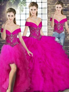 Fuchsia Three Pieces Off The Shoulder Sleeveless Tulle Floor Length Lace Up Beading and Ruffles Sweet 16 Dress