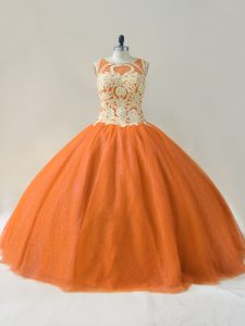 Orange Scoop Lace Up Beading and Appliques Quince Ball Gowns Sleeveless