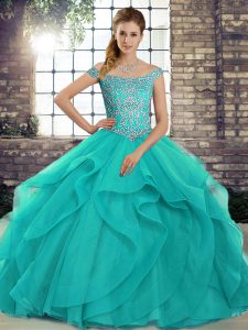 Aqua Blue 15th Birthday Dress Tulle Brush Train Sleeveless Beading and Ruffles