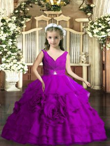 V-neck Sleeveless Organza Kids Pageant Dress Beading and Ruching Backless