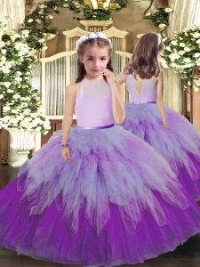 Multi-color Ball Gowns Ruffles Little Girls Pageant Gowns Backless Tulle Sleeveless Floor Length