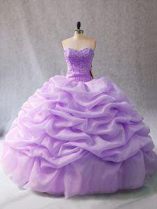 Pretty Lavender Ball Gowns Organza Sweetheart Sleeveless Beading and Pick Ups Floor Length Lace Up Sweet 16 Dresses