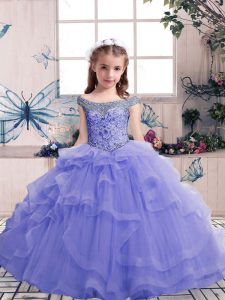 Ball Gowns Little Girls Pageant Gowns Lavender Scoop Tulle Sleeveless Floor Length Lace Up