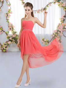 Eye-catching Watermelon Red Empire Strapless Sleeveless Chiffon High Low Lace Up Beading Quinceanera Dama Dress