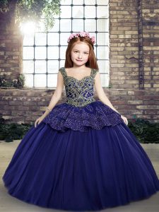 Purple Tulle Lace Up Little Girls Pageant Dress Wholesale Sleeveless Floor Length Beading and Appliques