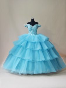 On Sale Aqua Blue Sleeveless Floor Length Beading and Ruffled Layers Lace Up Vestidos de Quinceanera