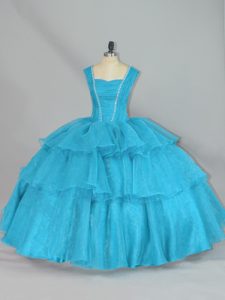 Fantastic Aqua Blue Ball Gowns Straps Sleeveless Organza Floor Length Lace Up Beading and Ruffled Layers Quinceanera Dress